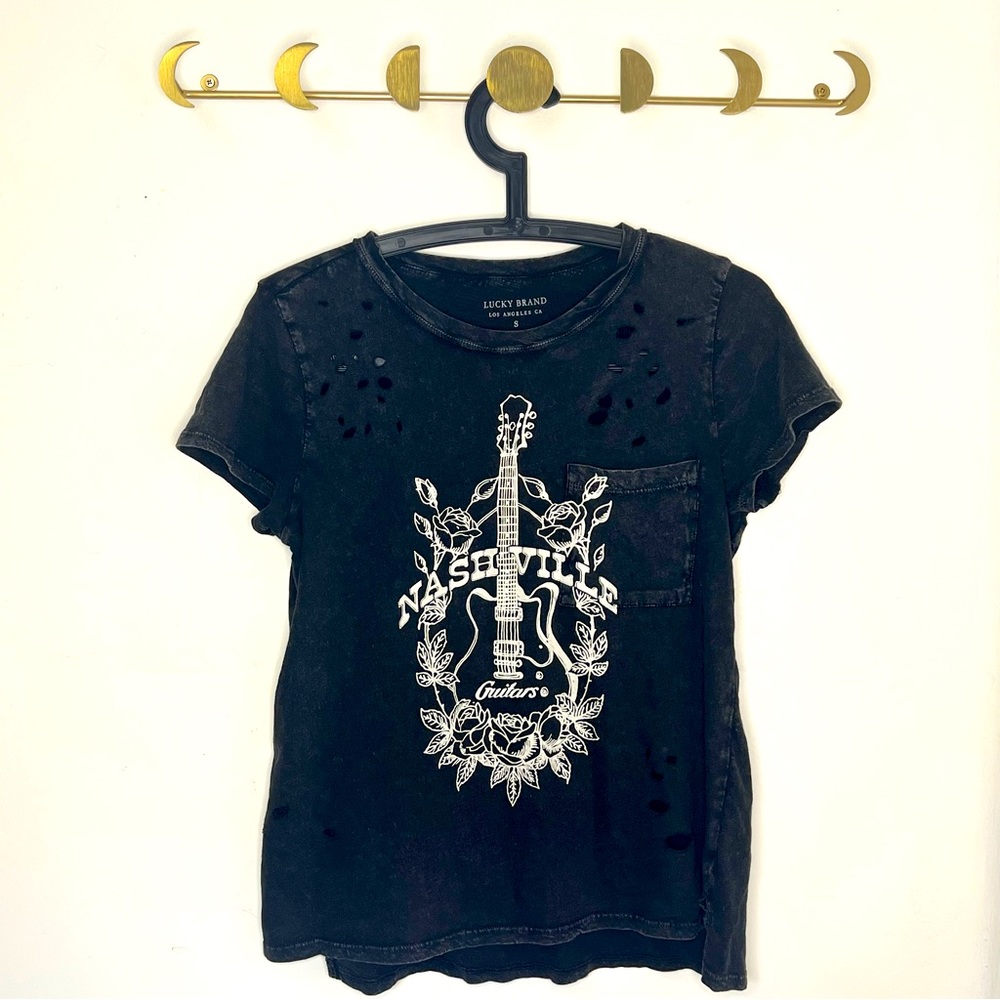 Lucky Brand Nashville Guitars black and white distressed tee -Small